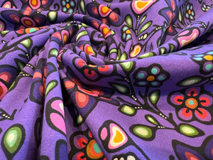 Purple Floral Ojibway Print Knit   94% Cotton 6% Elastane  1/4 Metre Price