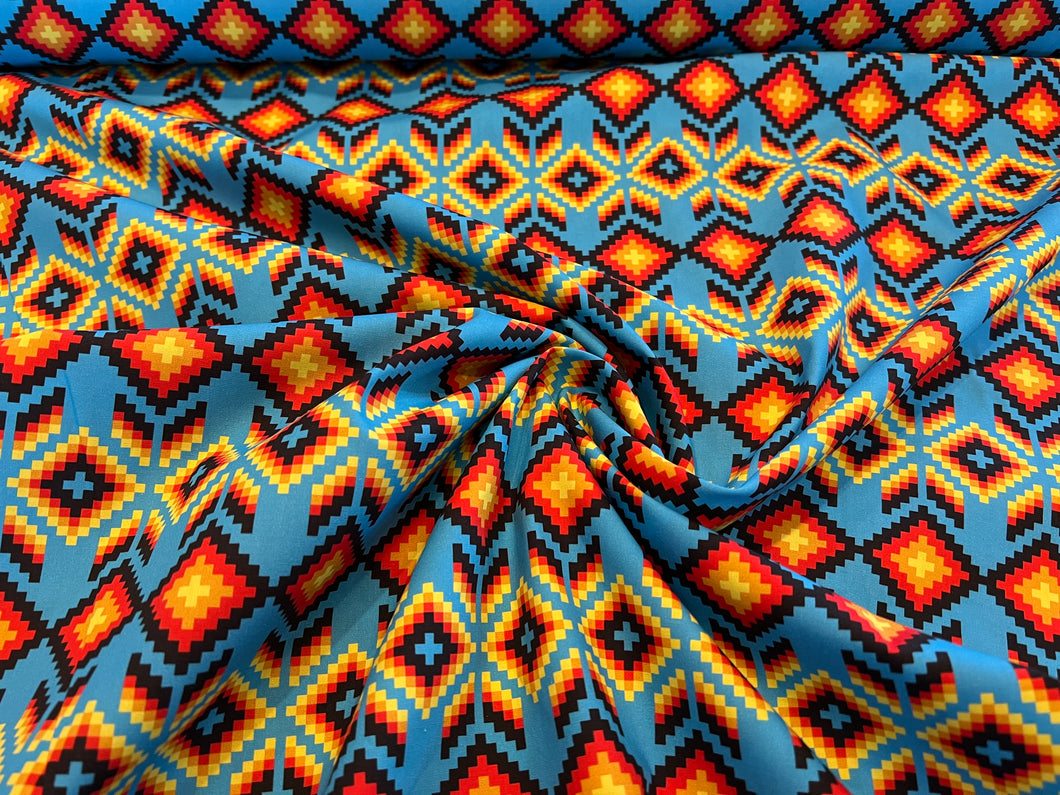 Indigenous Turquoise Aztecs 100% Cotton.  1/4 Metre Price
