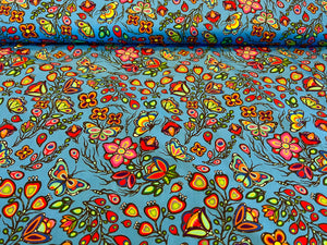 Turquoise Floral Butterfly Ojibway Print.   100% Cotton.  1/4 Metre Price