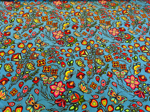 Turquoise Floral Butterfly Ojibway Print.   100% Cotton.  1/4 Metre Price