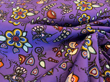 Load image into Gallery viewer, Grape Floral  Hummingbird Ojibway Print.   100% Cotton.  1/4 Metre Price