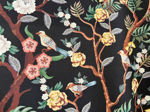 Birds & Branches on Black 100% Silk Charmeuse.    1/4 Metre Price