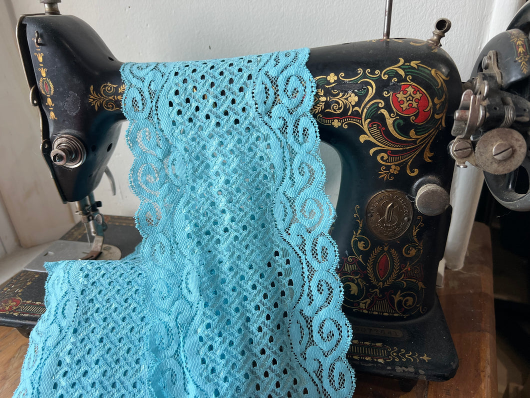 Turquoise Scalloped Lingerie Lace  - Nylon & Spandex.     1 Metre Price