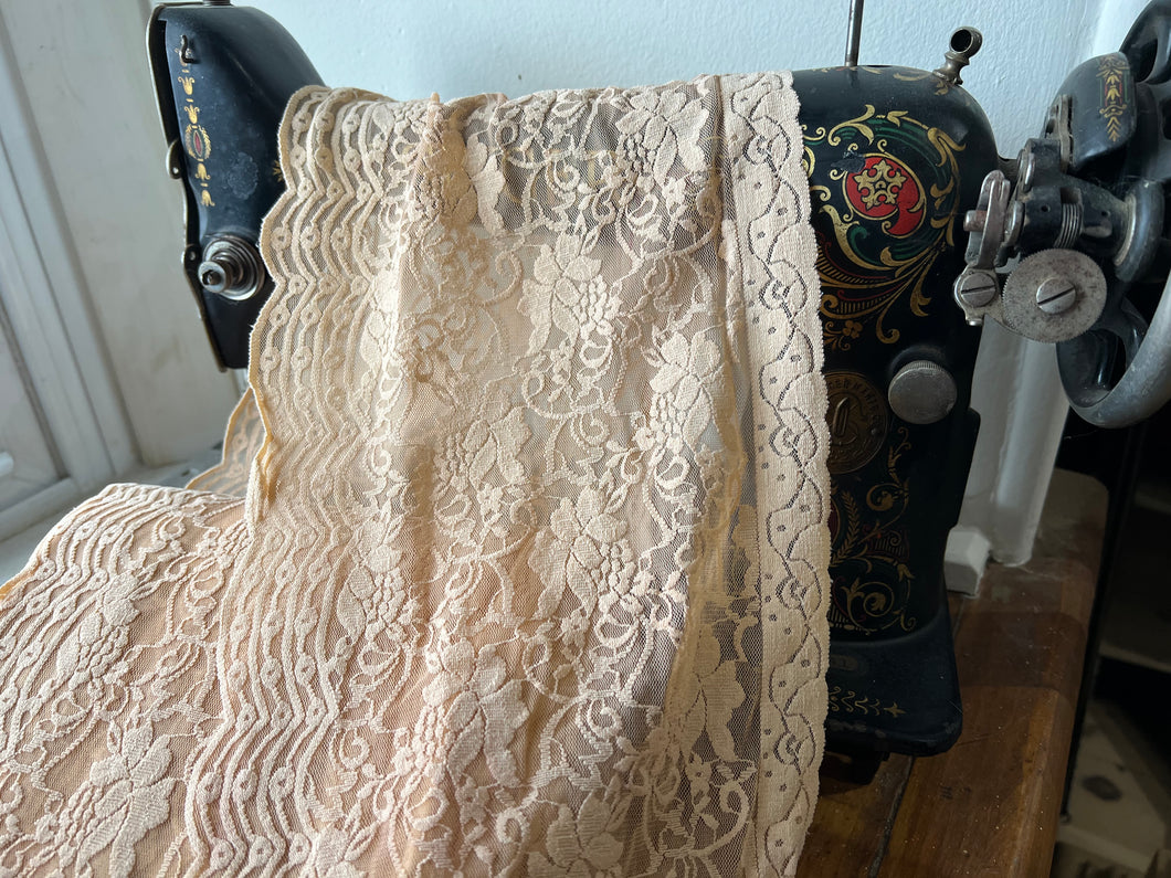 Wide Gold Ecru Scalloped Lingerie Lace  - Nylon & Spandex.     1 Metre Price