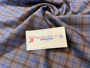 FF#124  Blue & Brown Check 100% Wool Gabardine Remnant  Super 130's  75% off!! 2x Available
