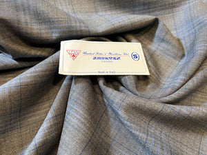 FF#141  Grey & Blue Plaid 100% Wool Gabardine Remnant  Super 130's  75% off!!