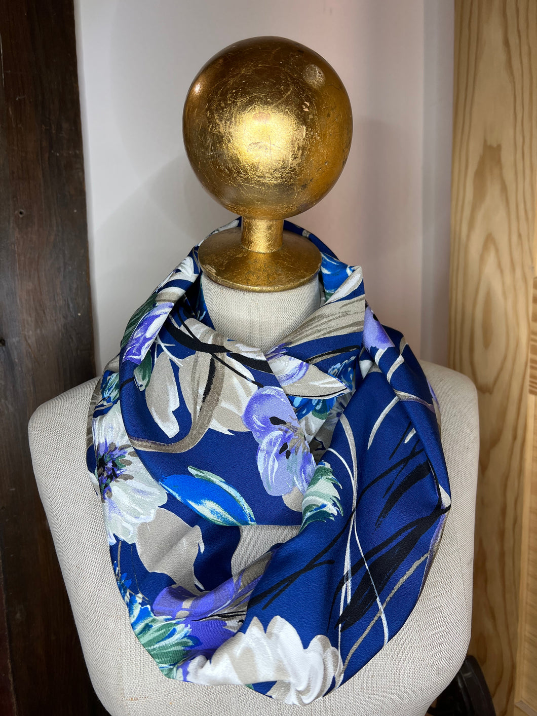 Exclusive Royal Blue Floral Designer Silk Infinity Scarf