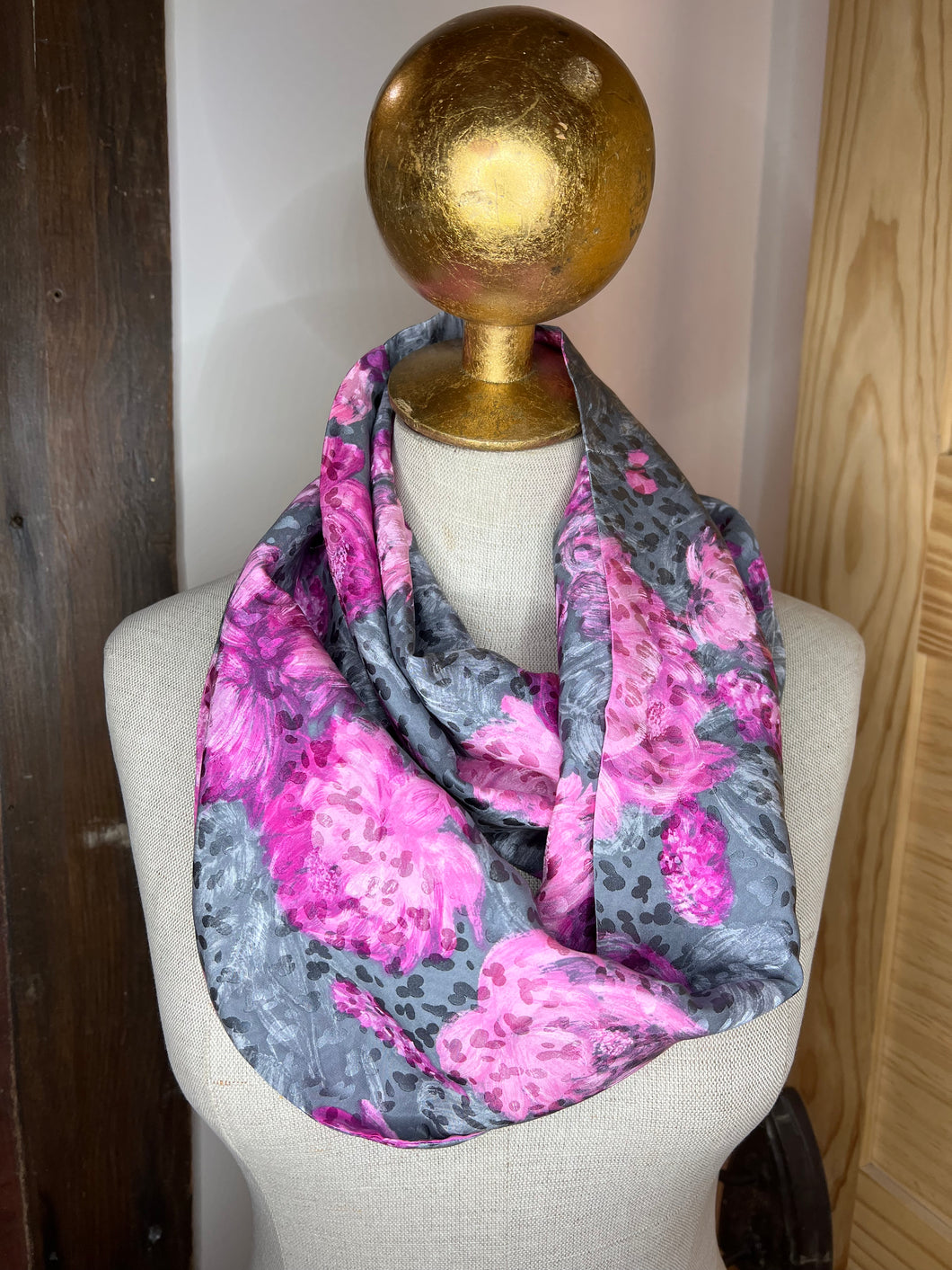 Grey & Pink Floral Jacquard Silk Infinity Scarf