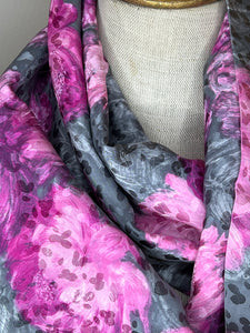 Grey & Pink Floral Jacquard Silk Infinity Scarf