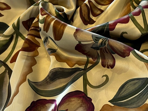 Baroque Fall Gold & Brown Flowers on Cream 100% Silk.    1/4 Metre Price