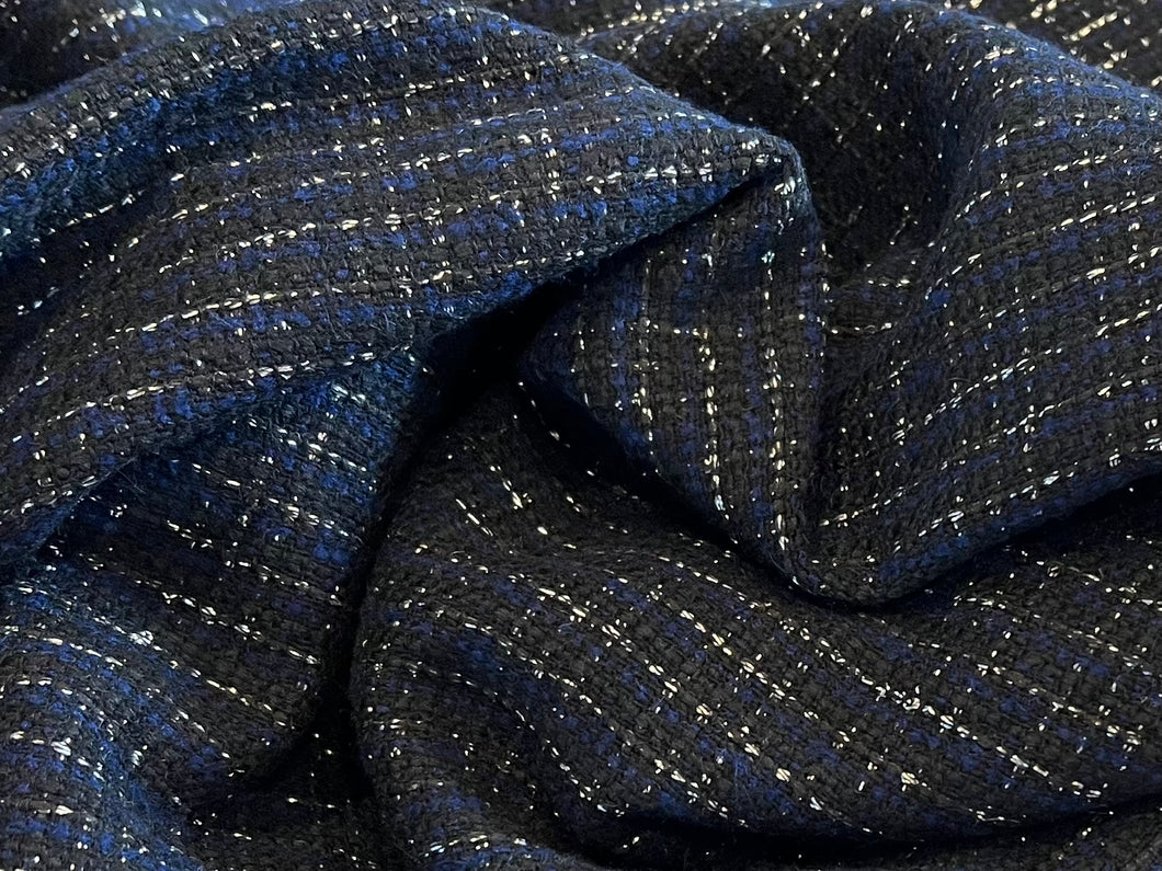 Navy & Silver Couture Tweed  35% Wool 15% Acrylic 15% Polyester 10% Mohair 10% Alpaca 10% Cotton 5% Other