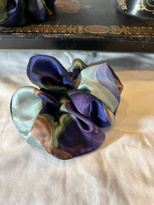 Blue Floral Print Chartreuse 100% Silk  Scrunchie