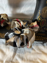 Load image into Gallery viewer, Designer 100% Tan Silk Check Scrunchie