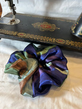 Load image into Gallery viewer, Large Blue Floral Print Chartreuse 100% Silk  Scrunchie