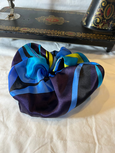 Designer Large Blue Print Chartreuse 100% Silk  Scrunchie