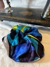 Load image into Gallery viewer, Designer Large Blue Print Chartreuse 100% Silk  Scrunchie