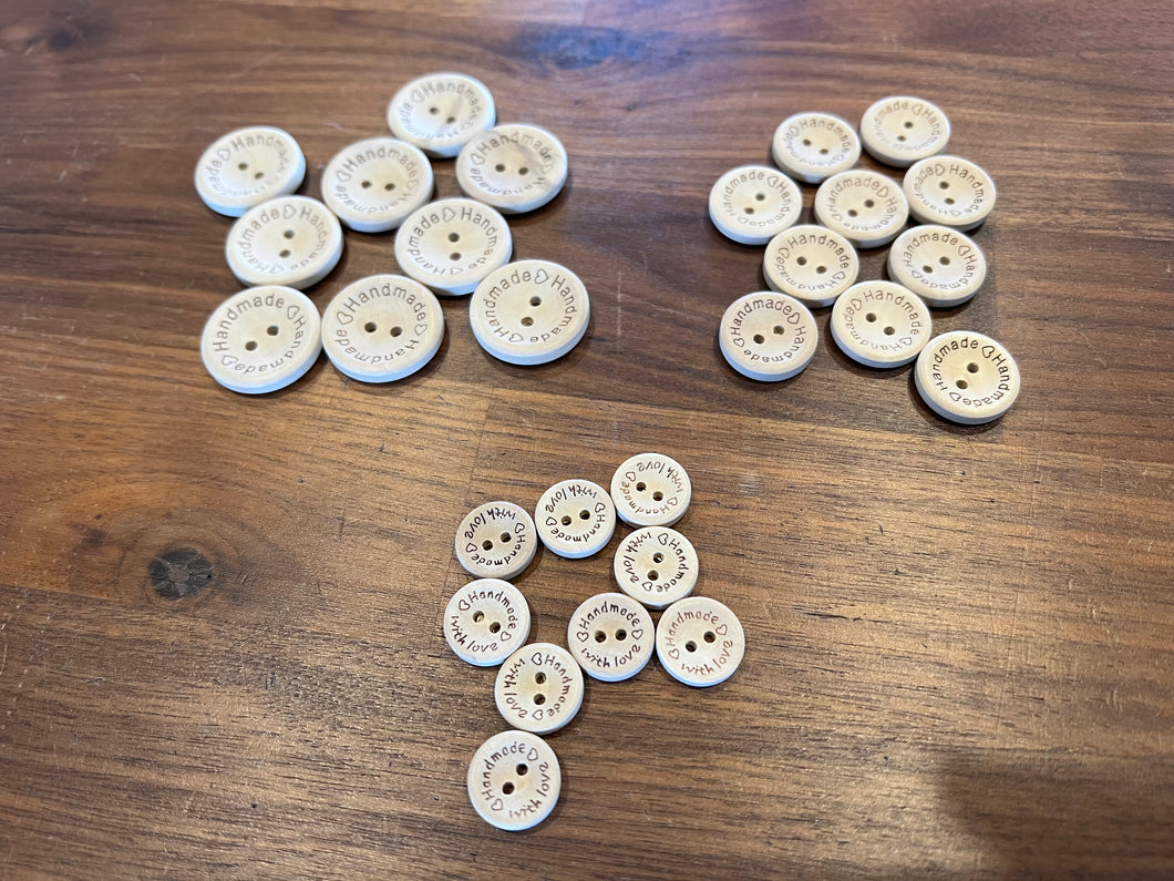 “Handmade” with heart stamped Wooden Buttons     Price per Button