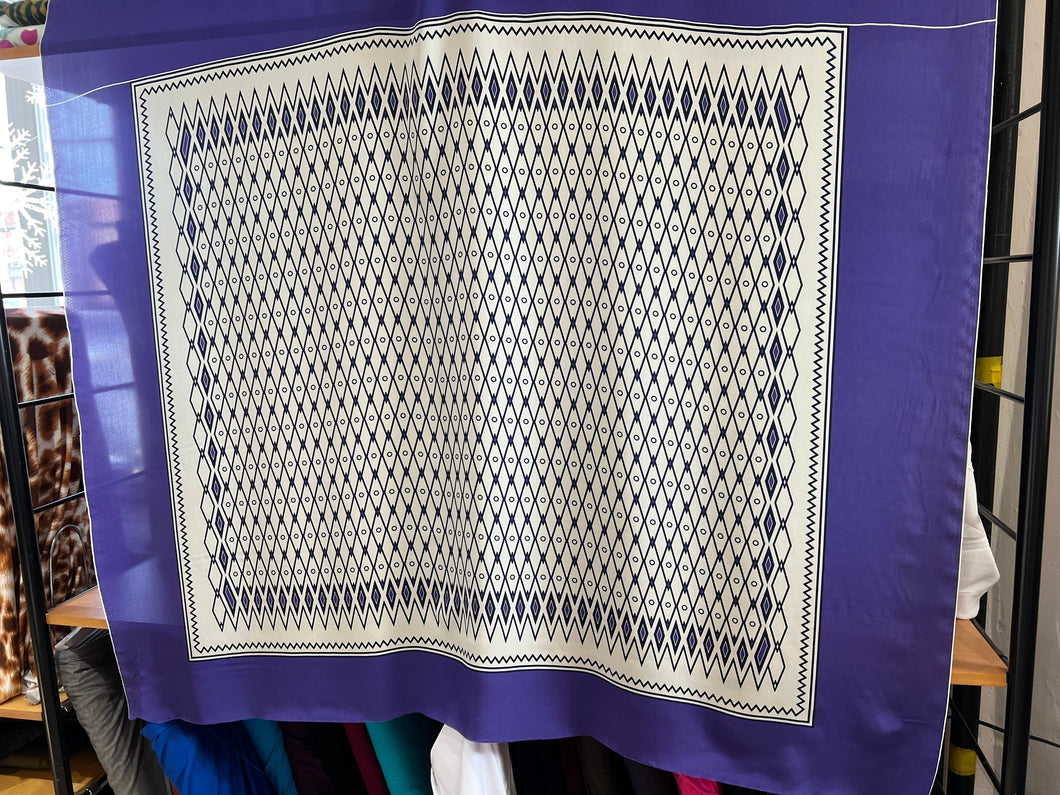 Purple & Ivory Geometric 100% Silk Scarf Panel      Price per Panel