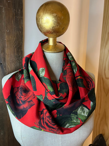 Red Roses 100% Silk Crepe Infinity Scarf