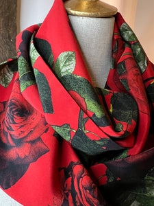 Red Roses 100% Silk Crepe Infinity Scarf