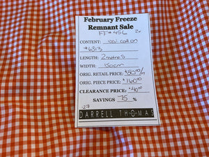 FF#456 Orange Gingham 100%Cotton Italian Shirting Remnant 75% Off!! 2x Available