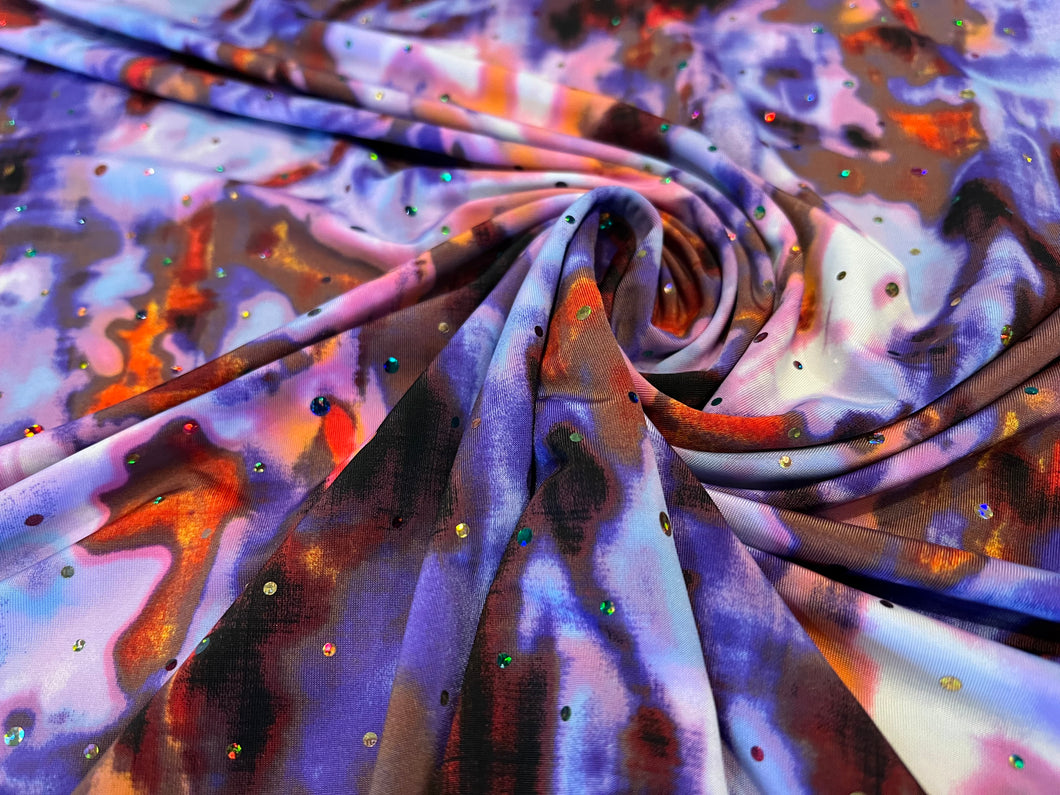 Purple & Orange Sequined  92% Polyester 8% Spandex Knit.   1/4 Metre Price