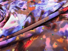 Load image into Gallery viewer, Purple &amp; Orange Sequined  92% Polyester 8% Spandex Knit.   1/4 Metre Price