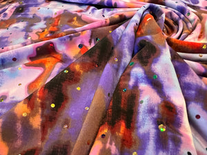 Purple & Orange Sequined  92% Polyester 8% Spandex Knit.   1/4 Metre Price
