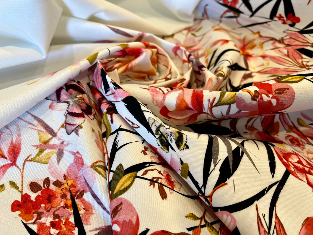 Double Border Floral 100% Polyester Charmeuse  50% Off   1/4 Metre Price