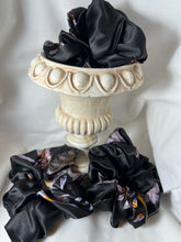 Load image into Gallery viewer, Black &amp; Lavender Floral 100% Silk Charmeuse Scrunchie