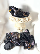 Load image into Gallery viewer, Black &amp; Lavender Floral 100% Silk Charmeuse Scrunchie