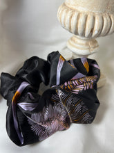 Load image into Gallery viewer, Black &amp; Lavender Floral 100% Silk Charmeuse Scrunchie