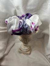 Load image into Gallery viewer, Purple &amp; White Floral 100% Silk Charmeuse Scrunchie