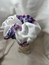 Load image into Gallery viewer, Purple &amp; White Floral 100% Silk Charmeuse Scrunchie