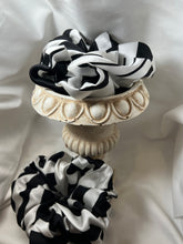 Load image into Gallery viewer, Black &amp; White Geometric 100% Silk Charmeuse Scrunchie