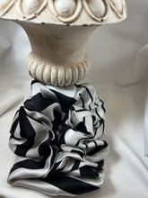Load image into Gallery viewer, Black &amp; White Geometric 100% Silk Charmeuse Scrunchie