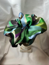 Load image into Gallery viewer, Purple &amp; Green Geometric 100% Silk Charmeuse Scrunchie