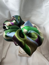 Load image into Gallery viewer, Purple &amp; Green Geometric 100% Silk Charmeuse Scrunchie