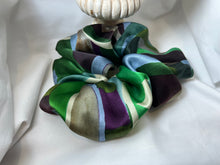 Load image into Gallery viewer, Purple &amp; Green Geometric 100% Silk Charmeuse Scrunchie