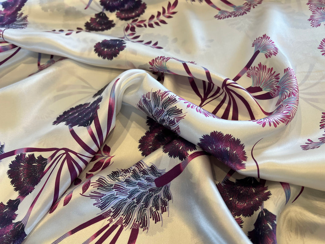 Exclusive Purple Wild Flowers on White 100% Silk Charmeuse.    1/4 Metre Price