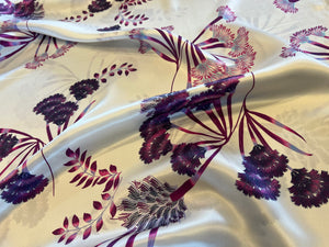 Exclusive Purple Wild Flowers on White 100% Silk Charmeuse.    1/4 Metre Price