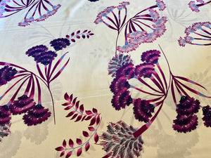 Exclusive Purple Wild Flowers on White 100% Silk Charmeuse.    1/4 Metre Price