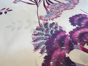 Exclusive Purple Wild Flowers on White 100% Silk Charmeuse.    1/4 Metre Price