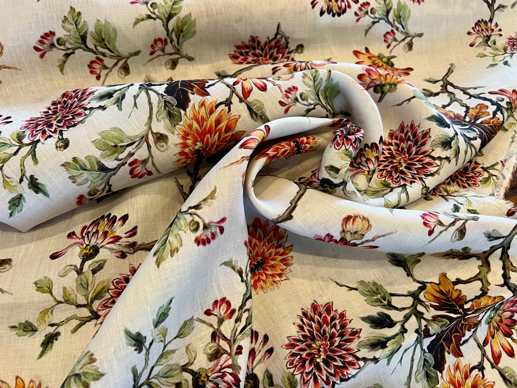 Exclusive Digital Burgundy & Orange Floral. 100% Lightweight Linen.   1/4 Metre Price