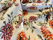 Load image into Gallery viewer, Exclusive Digital Burgundy &amp; Orange Floral. 100% Lightweight Linen.   1/4 Metre Price