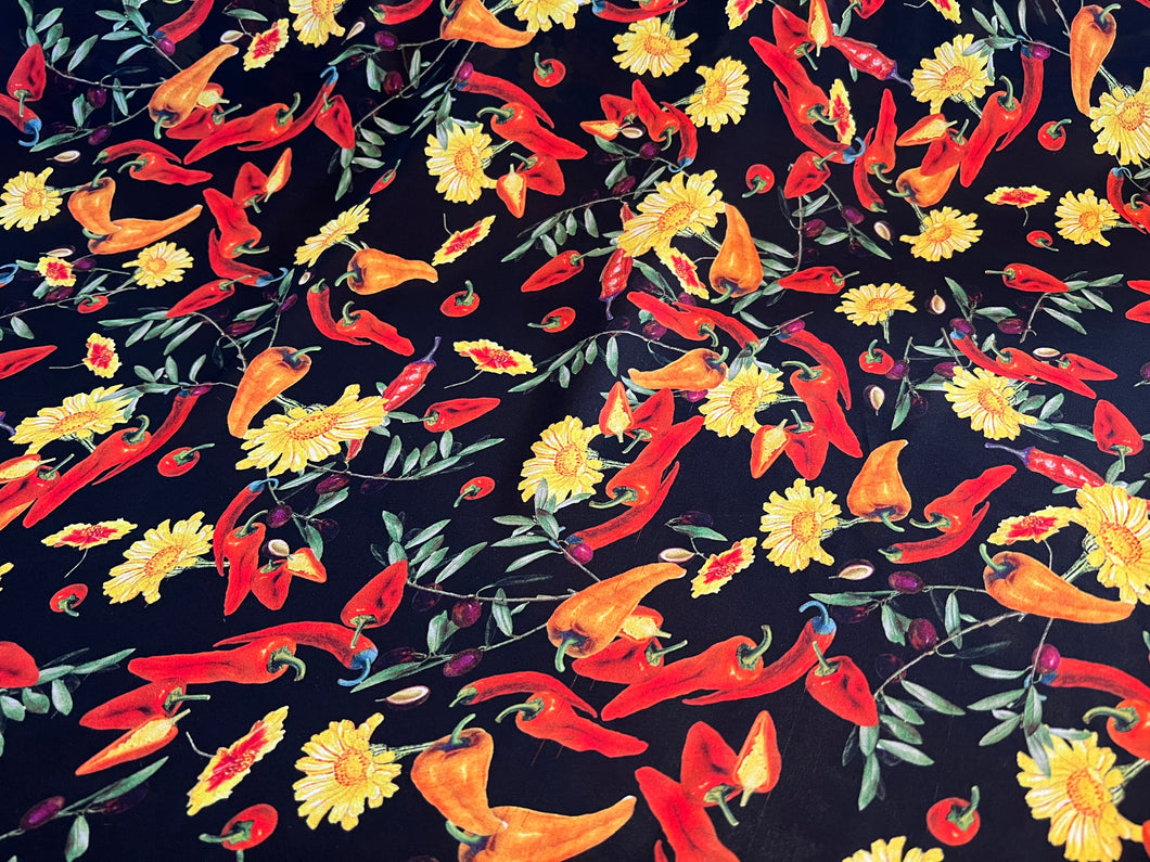 Chilli Peppers & Daisies 100% Silk Georgette     1/4 Metre Price
