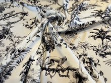 Load image into Gallery viewer, Exclusive Designer Black Toile de Jouy 95% Silk 5% Elastane Crepe de Chine     1/4 Metre Price
