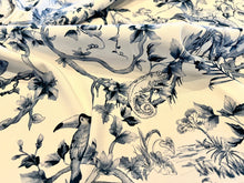 Load image into Gallery viewer, Exclusive Designer Blue Toile de Jouy 95% Silk 5% Elastane Crepe de Chine     1/4 Metre Price