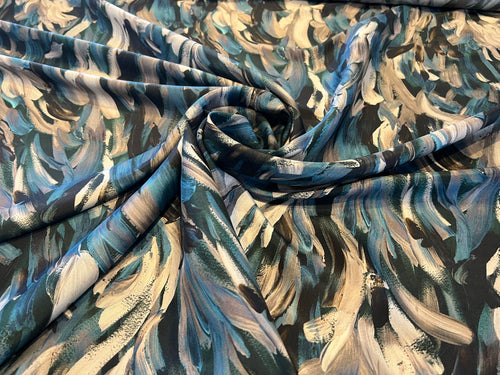 Turquoise Brushstrokes 100% Silk  Crepe de Chine     1/4 Metre Price