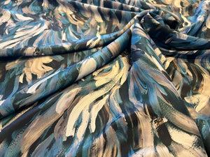 Turquoise Brushstrokes 100% Silk  Crepe de Chine     1/4 Metre Price
